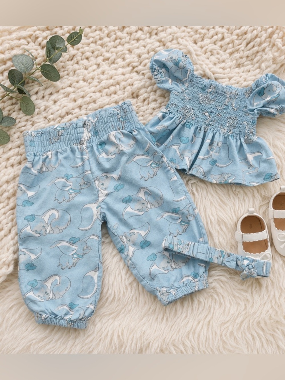 2/$20 Dumbo Baby Girl Smocked Top and Pants Outfit Set with Headband, 6-9M